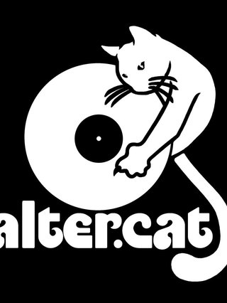 altercat records logo. black background, white logo, drawing of a cat holding a vinyl, with altercat written underneath it