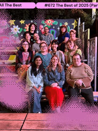 A group photo of the All The Best team sitting on a colourful bench