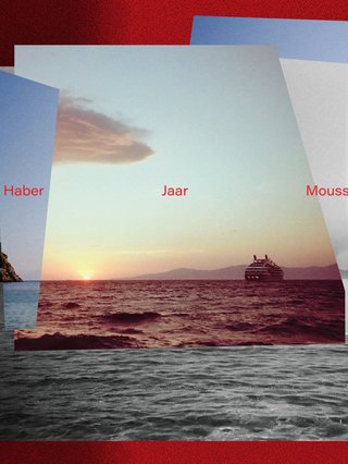 Collated images of the sea with a distant boat and sunset placed like photographs on a red surface, with the surnames "Haber Jaar Moussa" in red text. The album artwork for 'Crashing waves dance to the rhythm set by the broadcast journalist revealing the tragedies of the day'.
