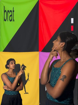 An edited picture of Maleeka looking up at a background of four flags, standing next to another picture of Maleeka also looking up at the flags and scratching her chin.