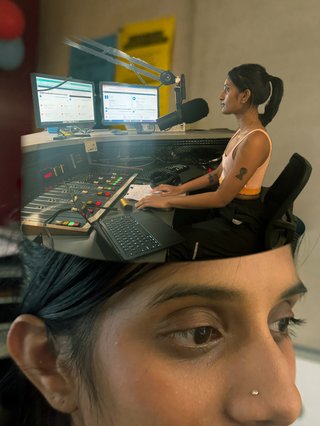 A close up of Maleeka's head, with a photoshopped cut out of a smaller version of her sitting at the radio desk inside her head. In the style of the posters for the TV show Severance.