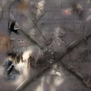 An abstract artwork in mostly grey, with a textural cross in the centre. There are metallic and drawn elements.