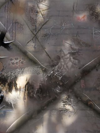 An abstract artwork in mostly grey, with a textural cross in the centre. There are metallic and drawn elements.
