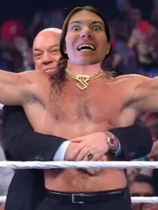 A poor photoshop of Jim's face onto the body of Seth Rollins, who is holding the WWE World Heavyweight Championship and being hugged from behind by Paul Heyman after winning the championship at Summerslam 2025.