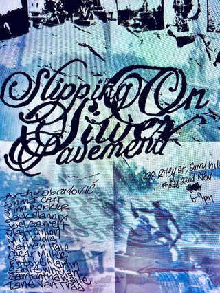 a blue and black graphic of an exhibition poster called slipping on silver pavement with the details (see program description)