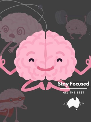 An illustration of several brains: in the foreground a happy brain meditates. In the background, a dizzy brain, a brain in a superhero costume and a brain weightlifting.