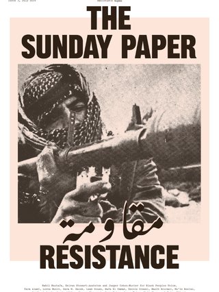 a riso print of the sunday paper issue three print. a resitance fighter close up with the words sunday paper rsistance in english and arabic