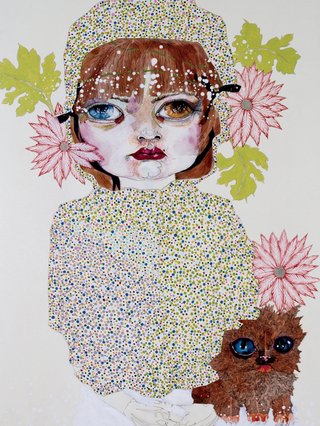 a dotty lady cuddling her cat amongst flowers