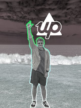 Harrie stands at the beach in a black and white collage pointing at the sky, he stands next to the logo for up bank